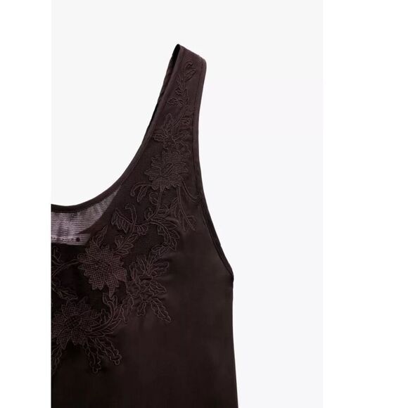 ZARA Limited Edition Chocolate Brown Embroidered Camisole Size S - Picture 4 of 12